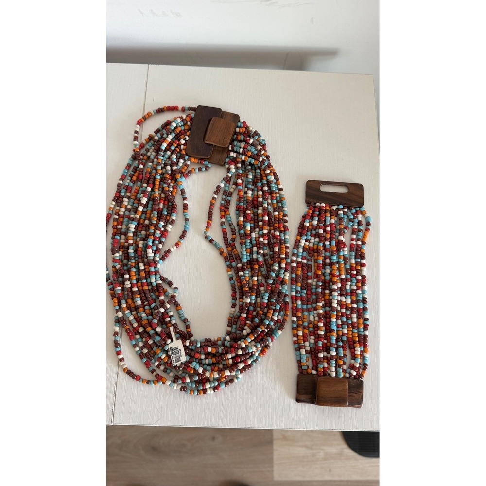 Boho Multistrand Seed Bead Necklace and Bracelet Set with Wood Toggle Clasp